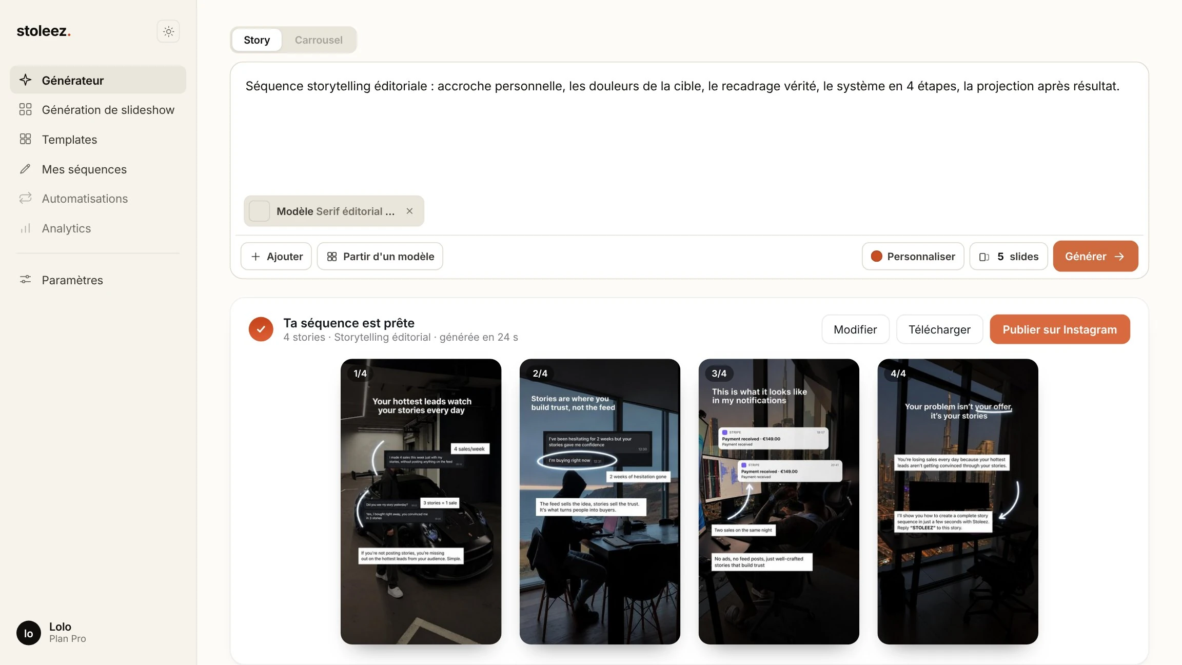 Stoleez : la séquence de stories générée