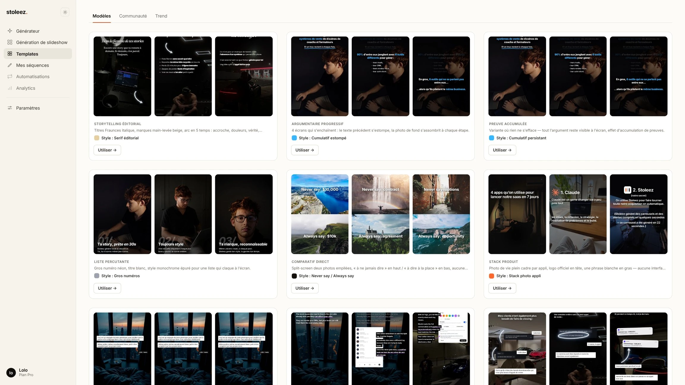 Stoleez : choisir un modèle de story